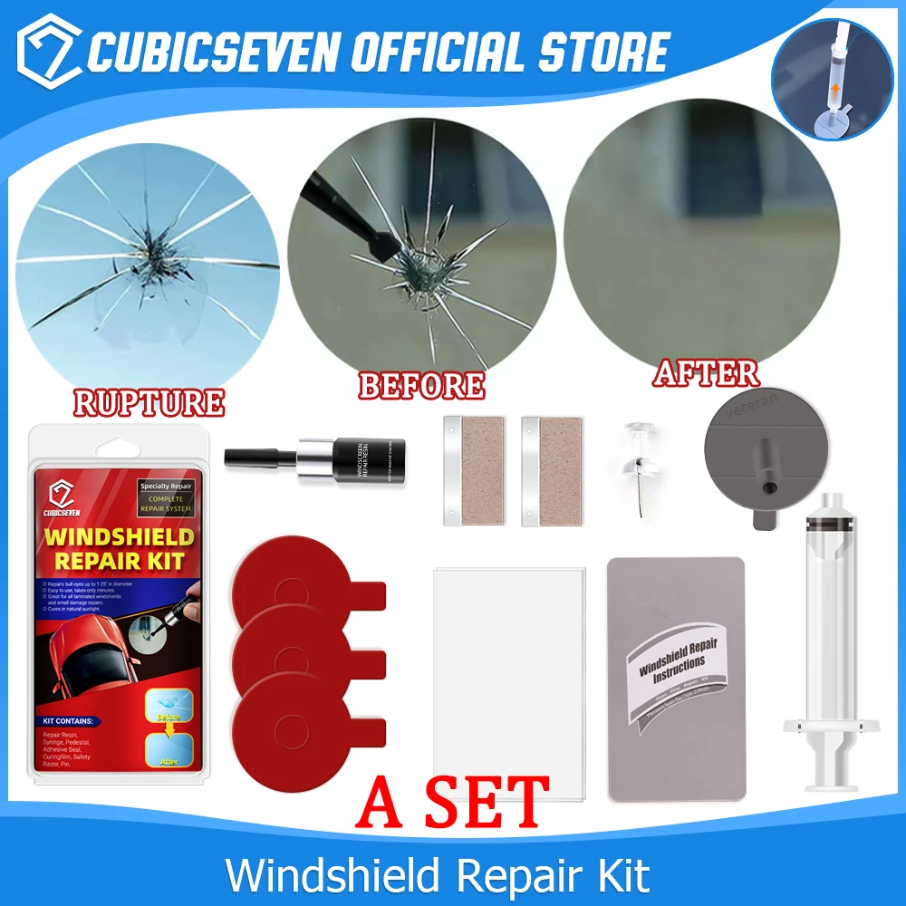 

Cubicseven DIY Windshield Repair Kit Window Repair Resin Set Windscreen Scratch Crack Restore Fluid Glass Curing Glue Car Tool