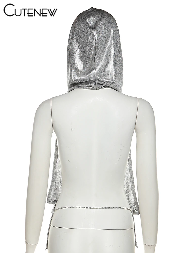 Sexy Chain Backless Tank Top Suit Women Halter Low Swinging Collar Indie Folk Silver-sequins Vest with Scarf High Street