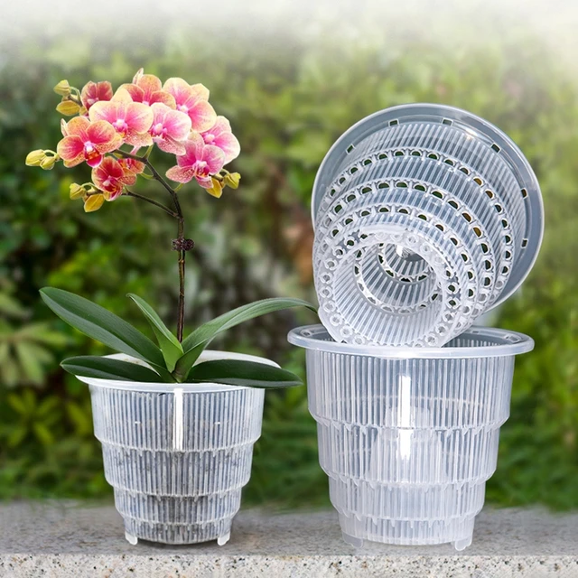 Gyökérvezérlés Átlátszó Virágcserép -Orchidea Növekvő Ültetvényes Porozitású Virágpotok Tálcával, 15Cm/12Cm/10 Cm -Rel - Image 2