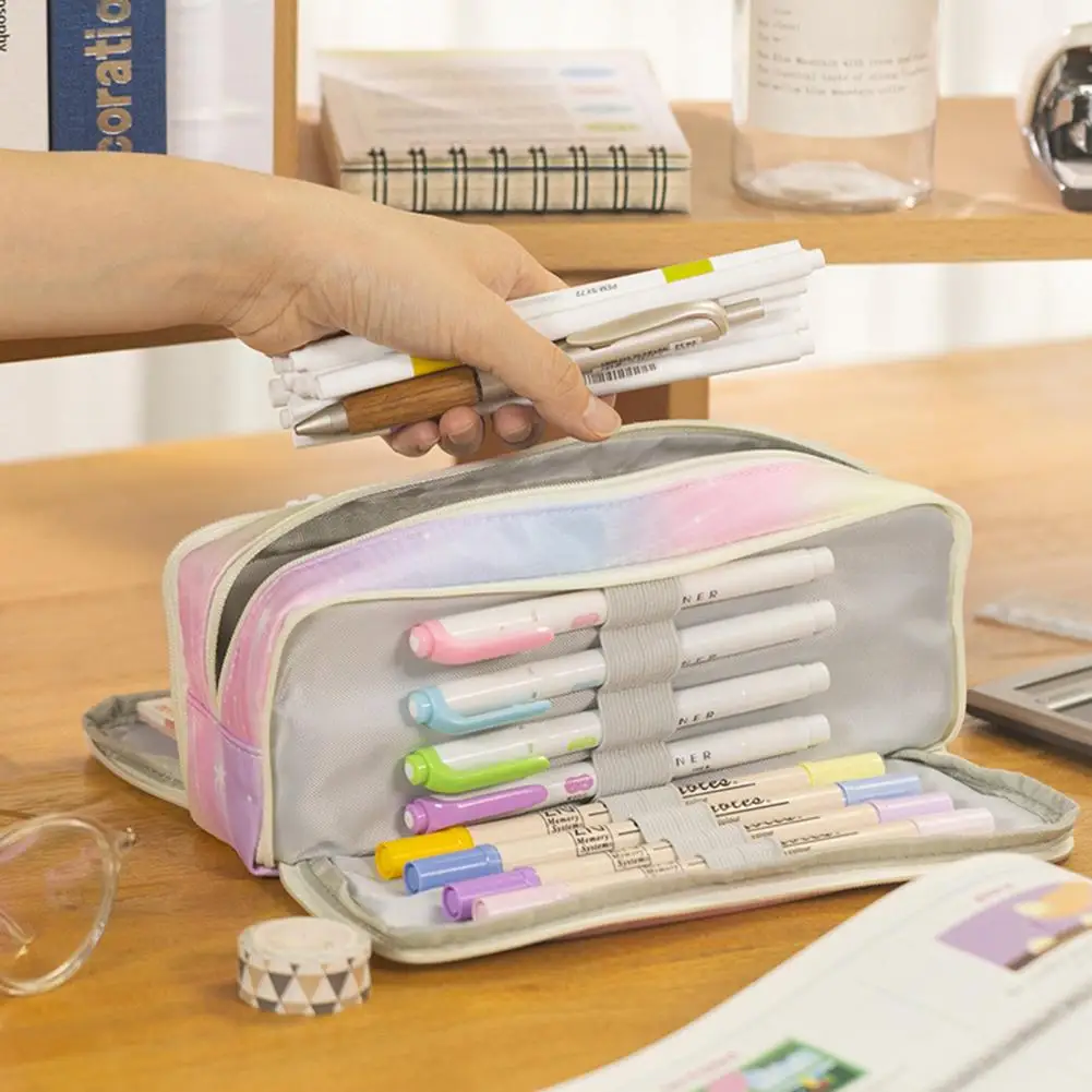 

Fashion Pencil Bag Gradient Color Pencil Bag Three-layer Gradient Color Pen Bag Capacity Portable Zipper Pouch for Girls