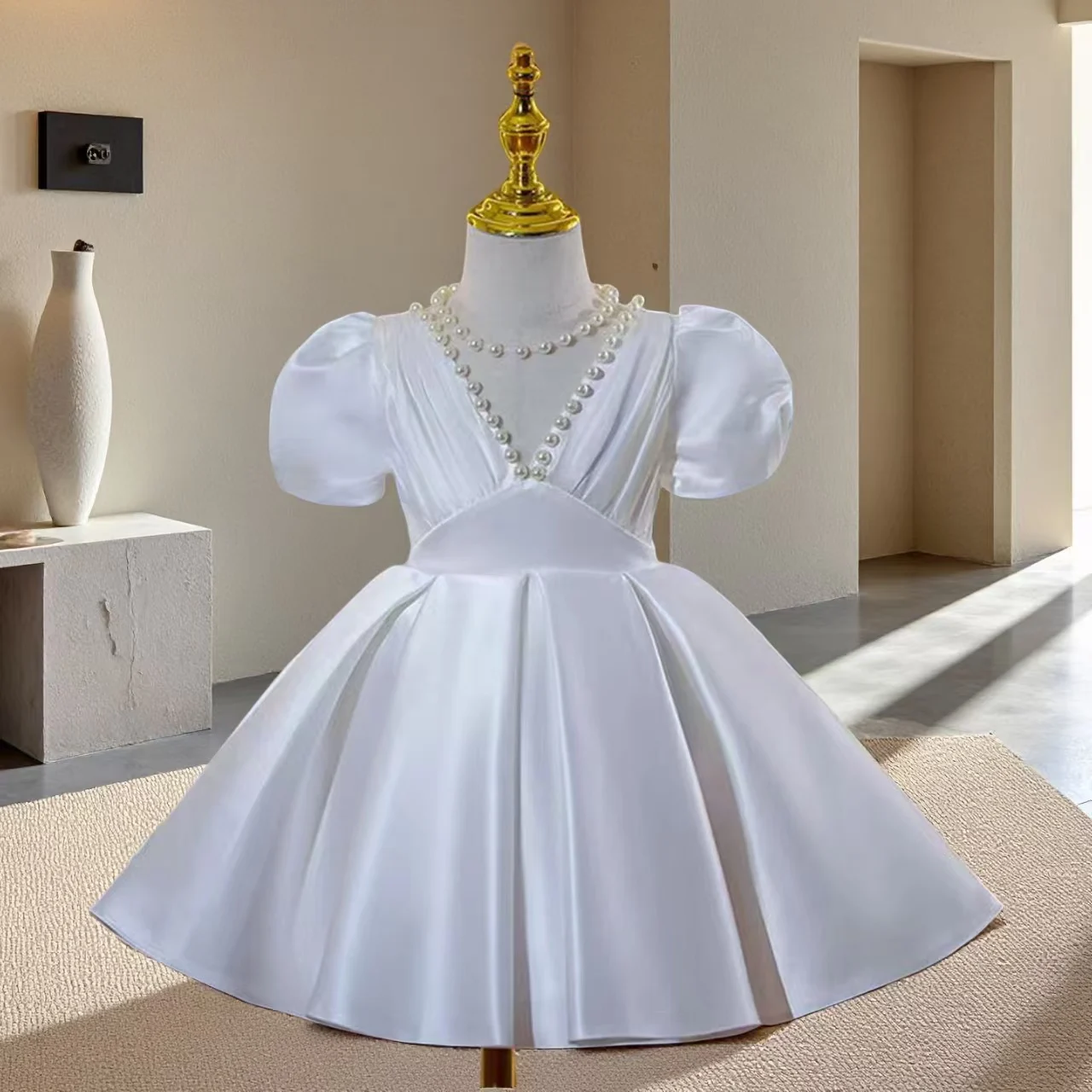 Dreamy Vow J797 Elegant V-Neck Pearl Satin Flower Girl Dress Short Sleeve Wedding Birthday Party First Communion Ball Gown