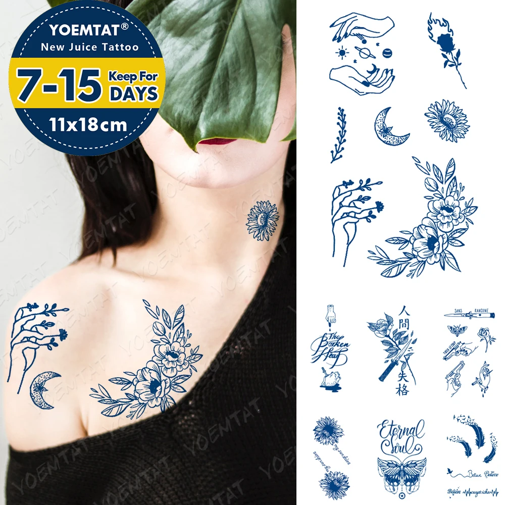

Blue Ink Juice Waterproof Temporary Tatoo Sticker Hand Knife Flower English Body Art Flash Lasting Transfer Fake Tatto Men Women
