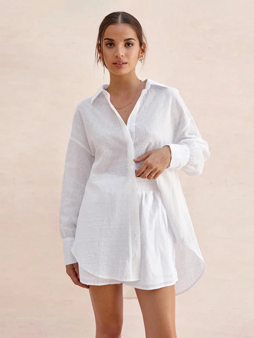 Marthaqiqi Cotton Female Sleepwear Suit Long Sleeve Nightgown Turn-Down Collar Nightwear Shorts Casual Ladies Pajama 2 Piece Set