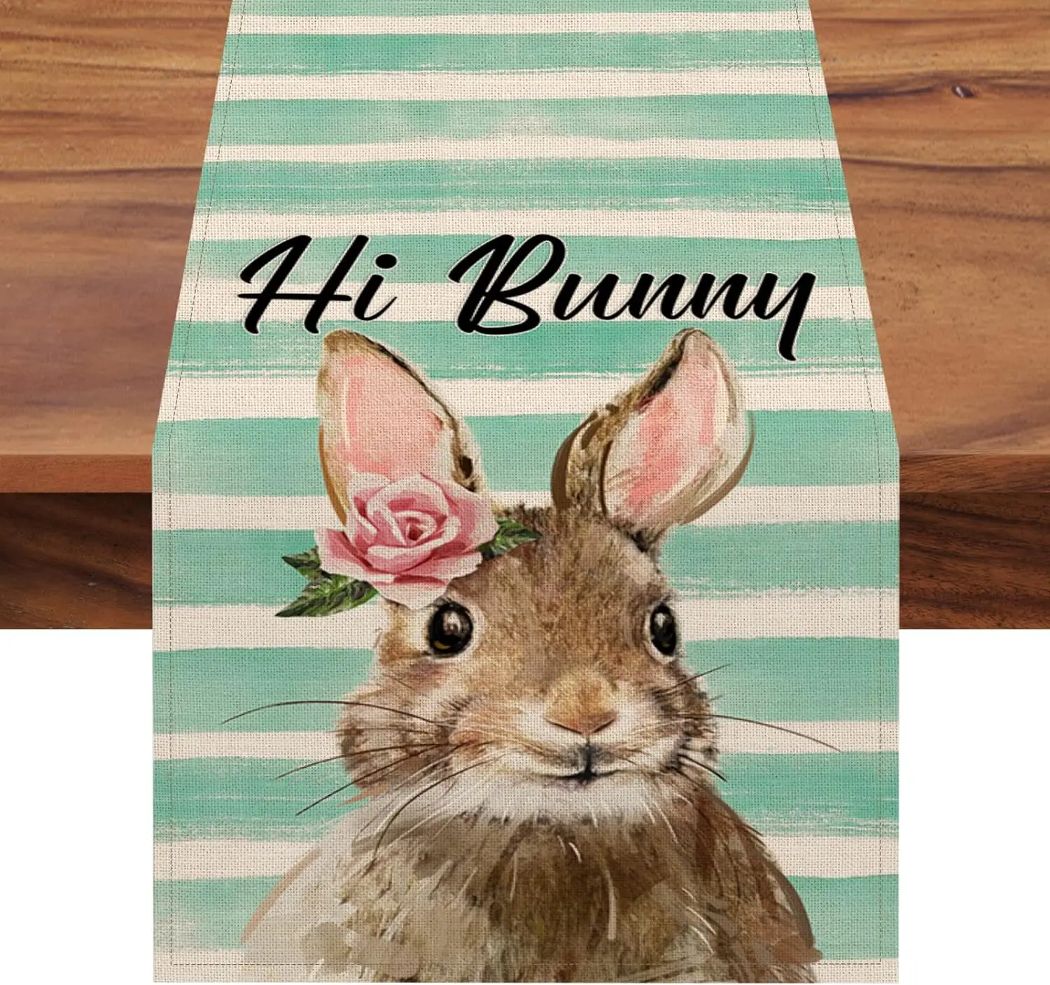 

Hi Bunny Easter Rabbit Spring Green Stripes Rose Flowers Linen Table Runner Kitchen Indoor Outdoor Party Dining Table Decor