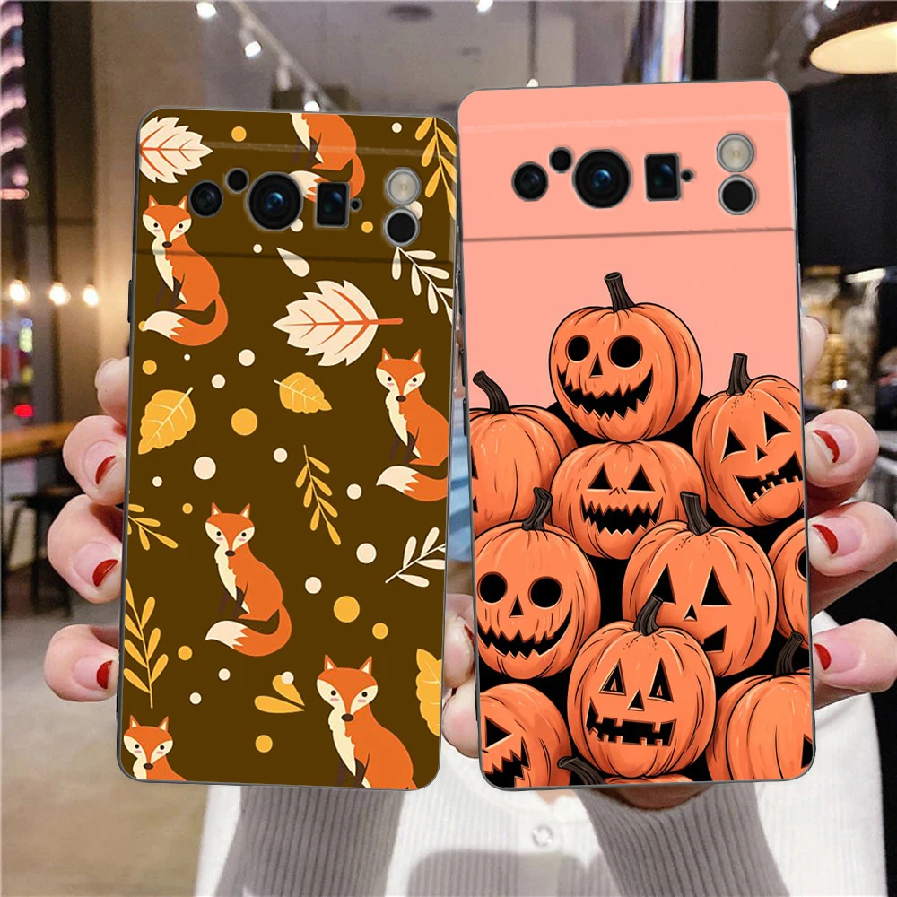 Autumn Fox Pumpkin Halloween Themed Shockproof Phone Case – Soft Silicone Black Cover