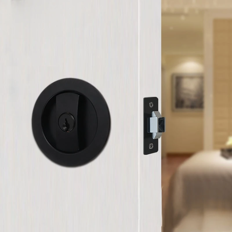 Round Sliding Door Lock Sliding Barn Door Lock Latch Embedded Matte Black Privacy Pocket With Keys