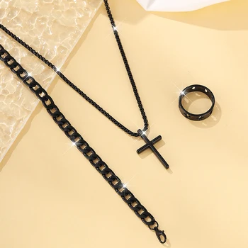3 pçs conjunto de aço inoxidável metal cruz pingente corrente colar pulseira anel conjunto jóias masculino hip hop uso diário acessórios 1