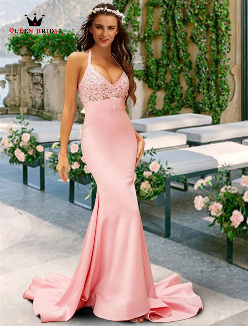 

Halter Neck Mermaid Bridesmaid Dress Sexy Sleeveless Lace Satin with Appliques Vestido de la dama de honor Custom Made SU09