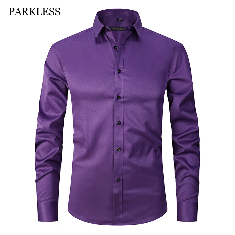 Men's Bamboo Fiber Dress Shirts Long Sleeve Shirt Solid Slim Fit Casual Formal Non Iron Work Shirt Camisa Masculina