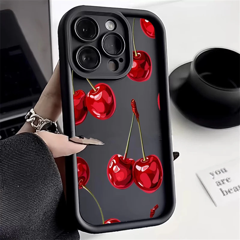 Elegant Wine Red Cherry Print Silicone Phone Case - Soft, Stylish Back Cover