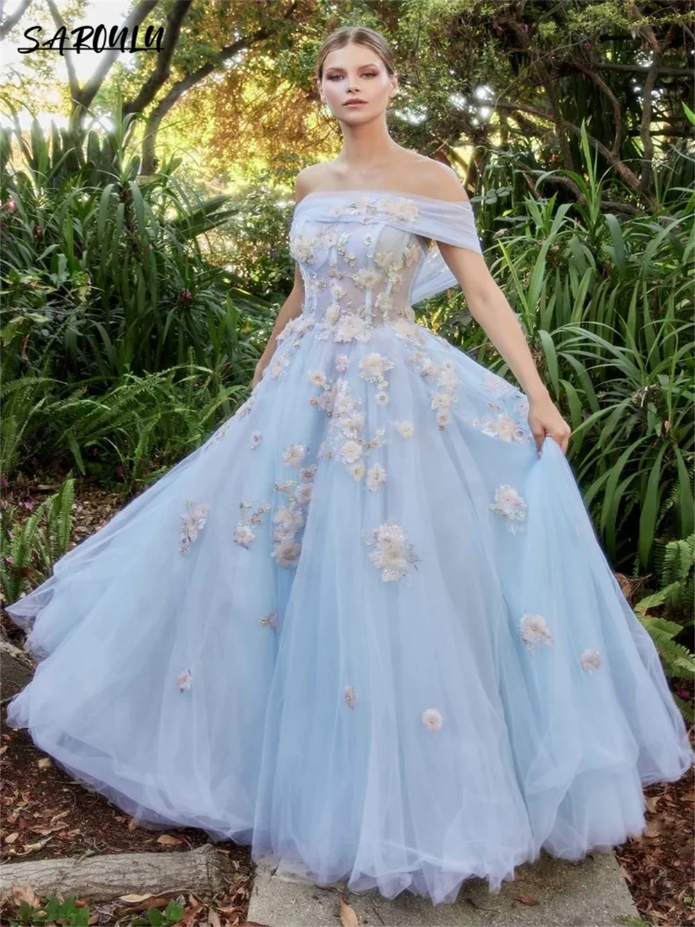 

Pastrol Appliques 3D Flower Evening Dress Beach Off The Shoulder Cocktail Party Gown Romantic Vestidos De Novia