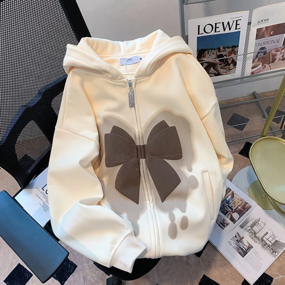 

Sweet Causal 2023 Women Autumn Winter Warm Plus Velvet Fashion New Printed Bow Zipper Zip-up Hoodies Coat Oversized 2XL Korean