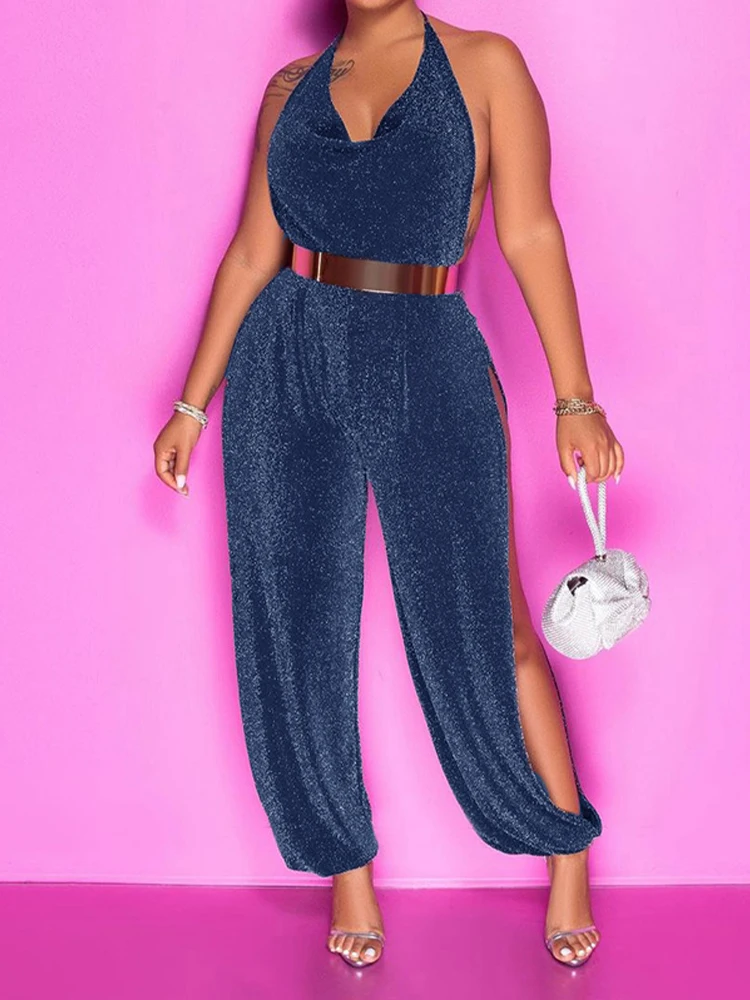 WannaThis Backless Bright Silk Jumpsuit Women Hollow Out Pile Collar Sexy High Slit Exotic Chic Night Jumpsuits 2023 Club Trends