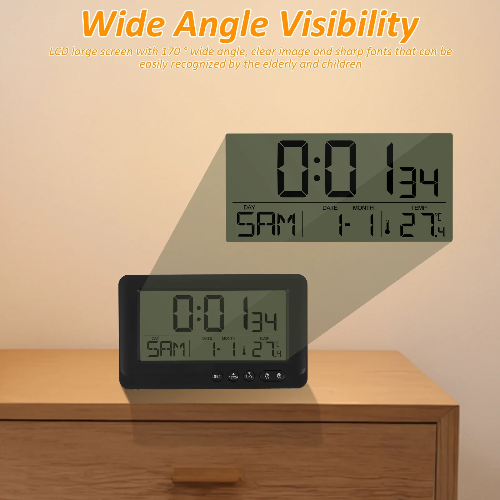 Battery-Powered LCD Digital Clock with Temperature and Date Display, Night Mode, and Alarm Function