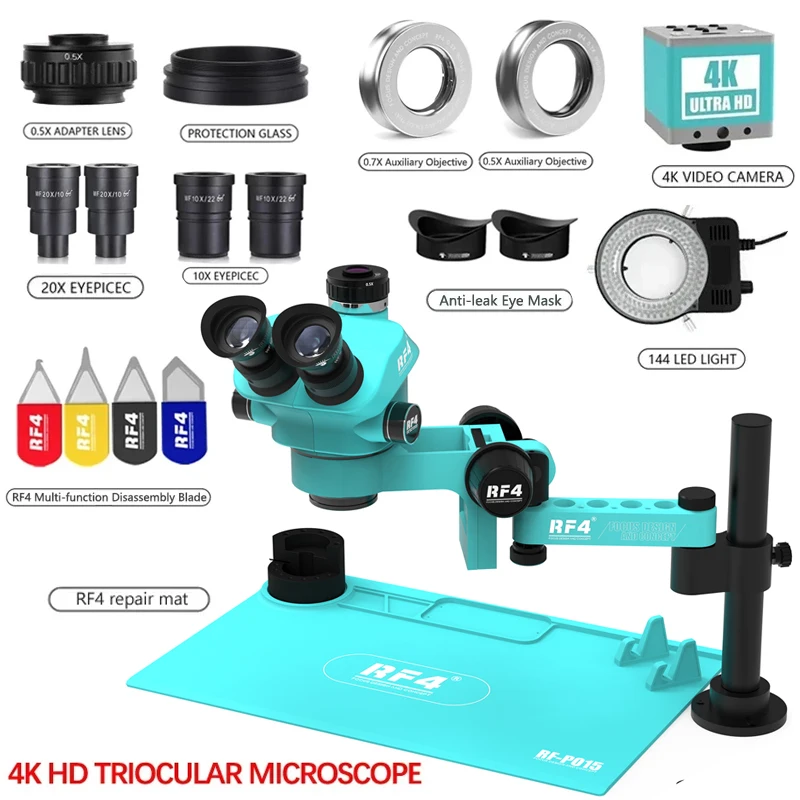 RF4 Trinocular Stereo Microscope Set 360 ° Rotation Articulating Arm Stands Phone Soldering PCB Repair RF7050TVPRO-F019 4