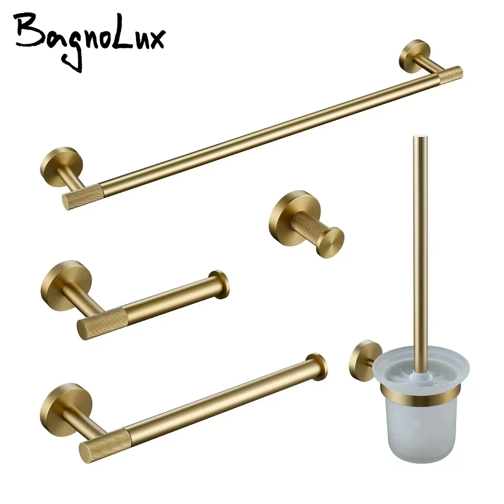 Bathroom Hardware Accessories Set Brushed Gold Knurled Brass Kit Towel Bar Ring Robe Hook Paper Holder Towel Ring Toilet Brush toilet paper holder,towel hook,bathroom hardware set,bathroom hardware accessories