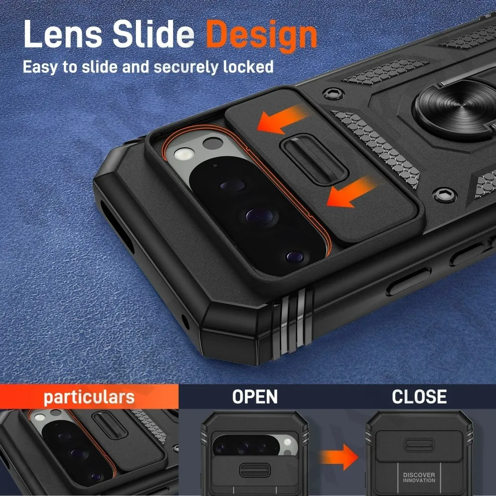 Rugged Protective Case with Finger Ring Stand and Slide Camera Cover