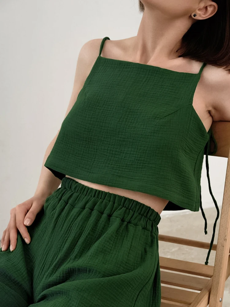 

Summer 2023 new French cotton suspender vest top green thin style loose comfortable pajamas women's home clothes