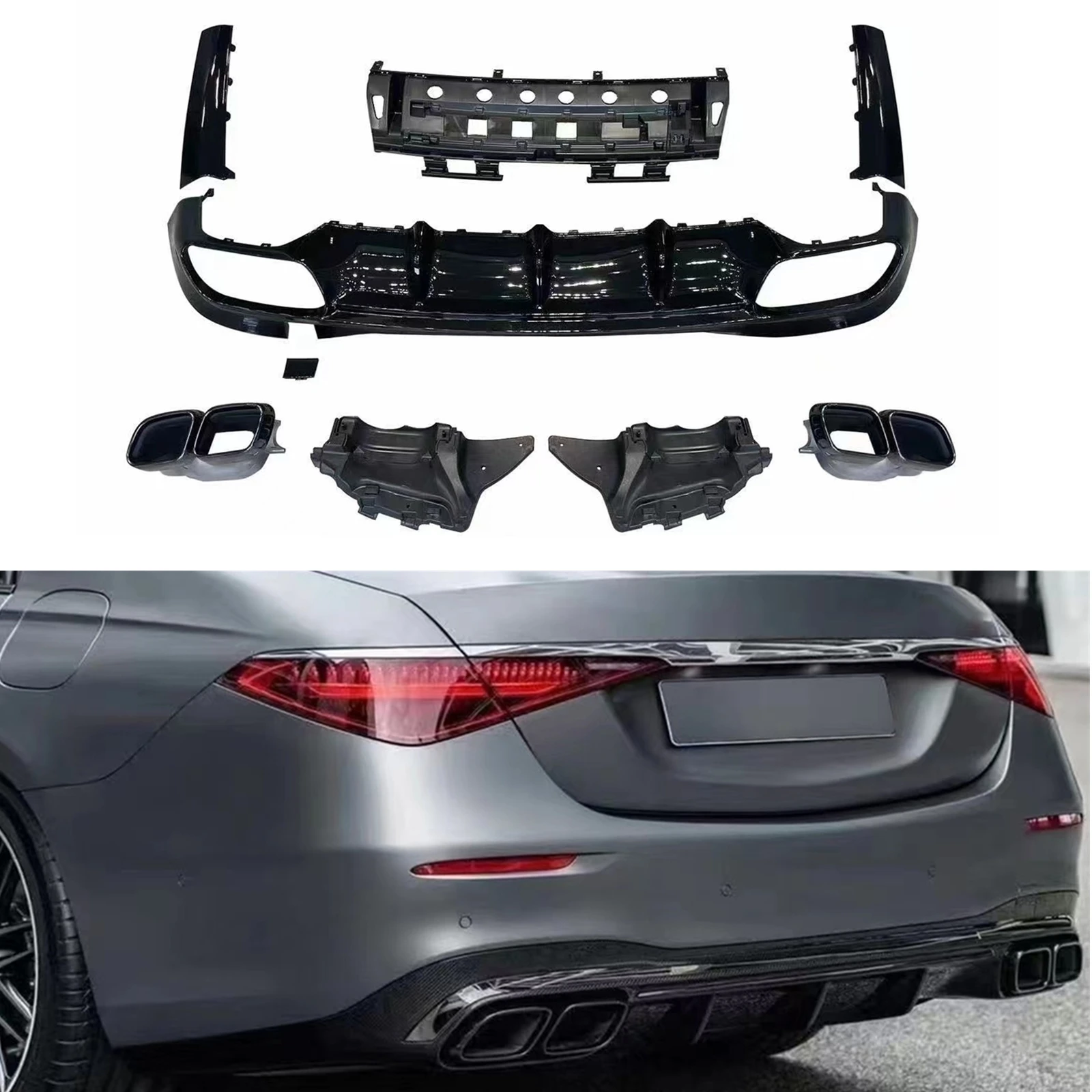 

Car Rear Bumper Diffuser Spoiler Lip Kit & Exhaust Muffler Tip Pipe For Mercedes Benz S Class W223 S63 AMG