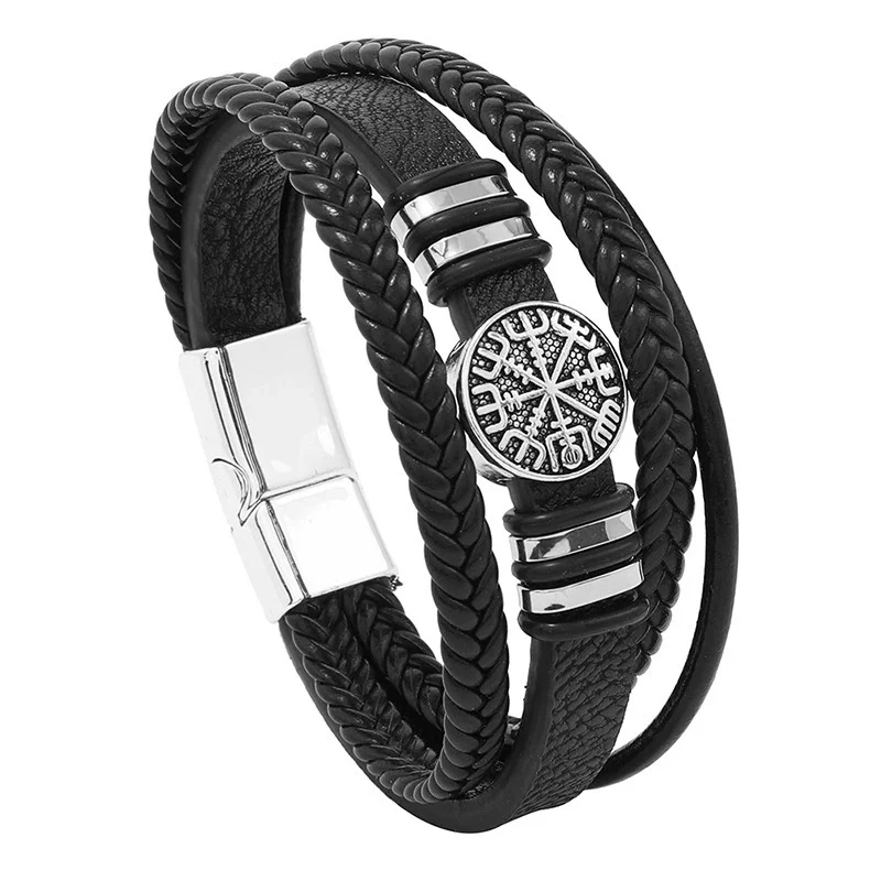 Leather Bracelet Men's Multi-Layer Viking-Inspired Trendy Black/Red Color Fashion Braided For Social Occasions