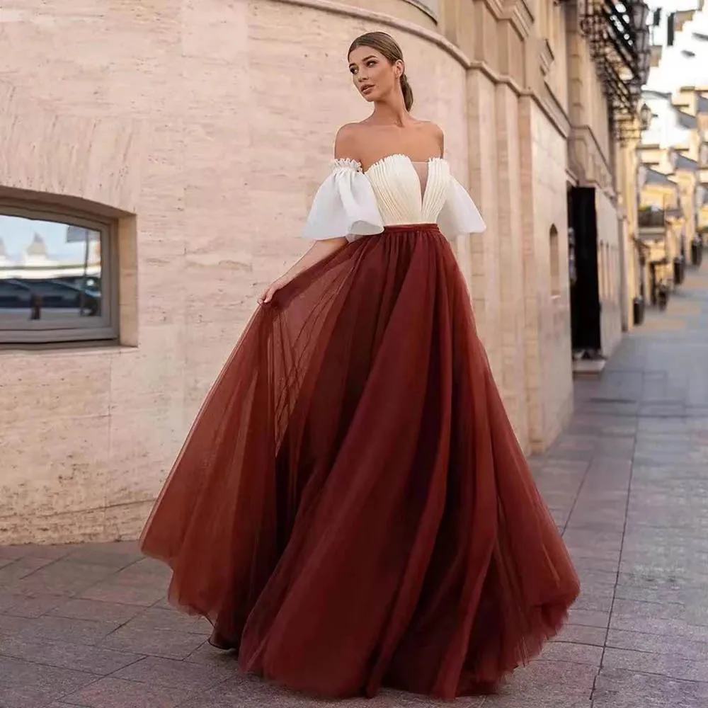 

Elegant Tulle Prom Gowns V-Neck Long A-Line Puffy Sleeves Pleats Evening Party Dresses Off The Shoulder Backless Plus Size