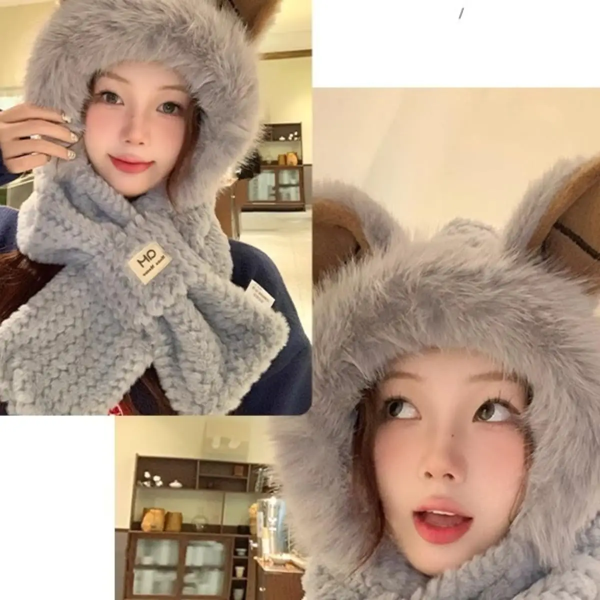 Autumn-Winter Fashion Plush Warm Hat with Fox Ears and Scarf Set for Women, Cute Animal Winter Two-Piece Outfit Plus Neck Warmer