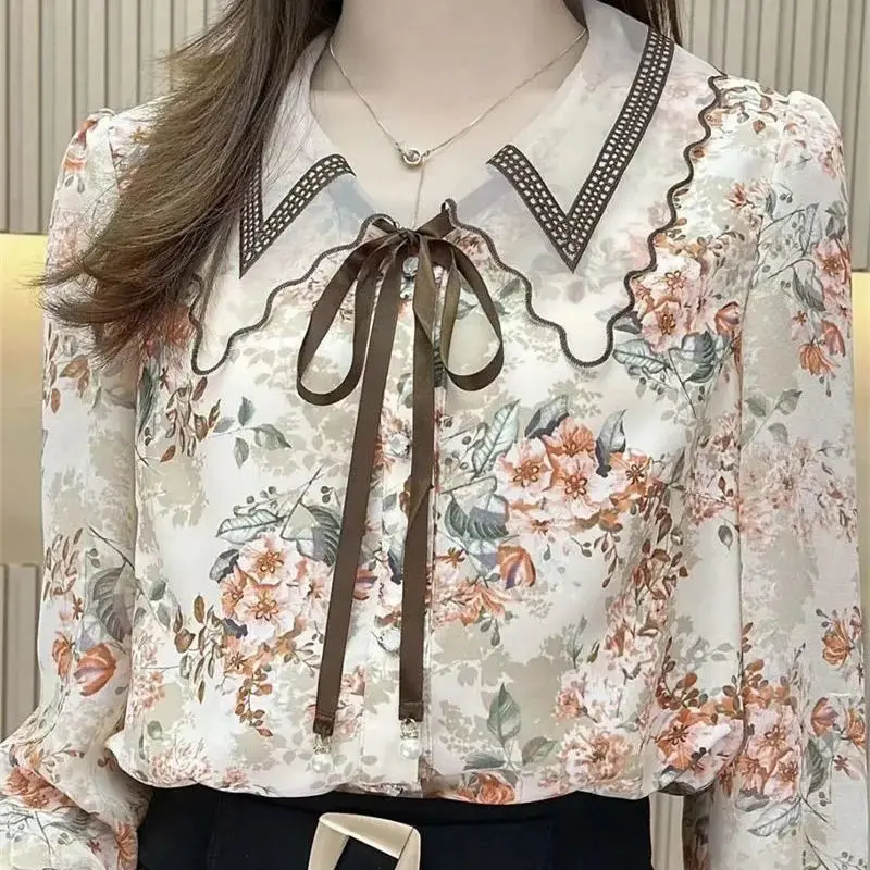 

2023 New Spring Summer Pullover Loose Bottomed Shirt Vintage Printing Polo-Neck Bandage Three Quarter Sleeve Open Stitch Blouse