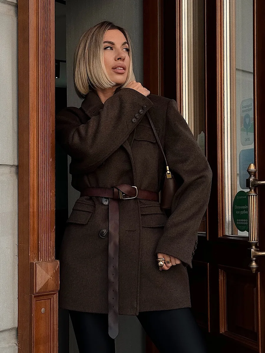 Bornladies New Women's Long Coat Breasted Blazer Collar Houndstooth Pattern Oversized Fit Flap Pockets Autumn Winter Jackets