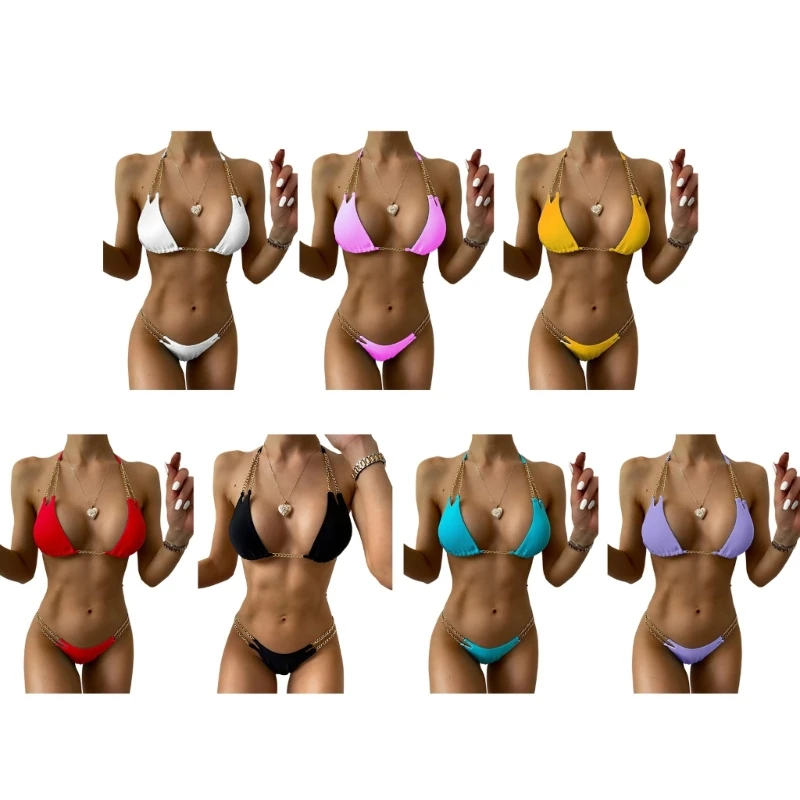 

H58D Womens Two-pieces Soft Bag Bikini Knotted Sexy Bathing Suit Solid Color Swimsuit