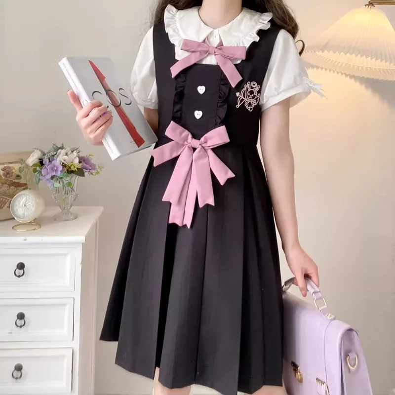 2024 New Japanese Lolita White Short-Sleeved Shirt Dress Suit JK Cute Preppy Style Pink Black Cartoon Two-Piece Sets For Women