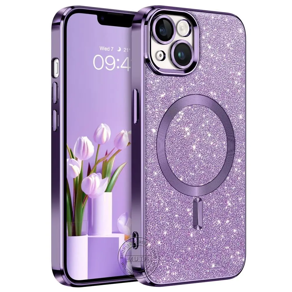 حافظة لامعة لهاتف آيفون 17 إير 15 14 13 12 11 16 برو ماكس بلس Magsafe غطاء لامع للشحن اللاسلكي للنساء والفتيات جديد