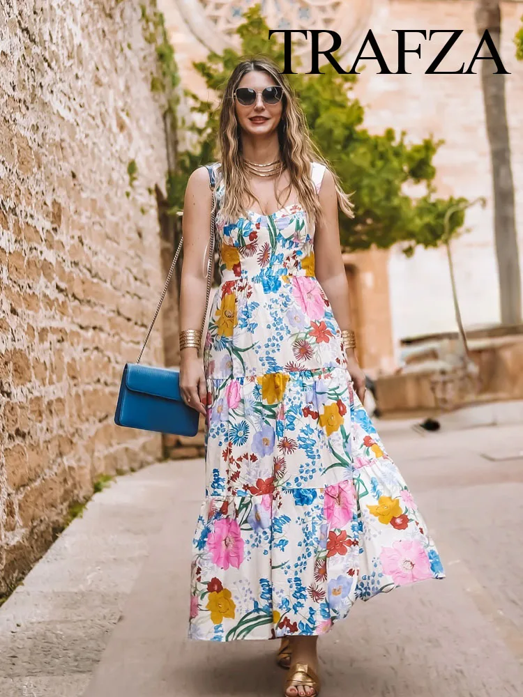 

TRAFZA Women Fashion Dresses Print Square Collar Sleeveless Backless Pleated Zipper Female Summer Beach Style Long Dress