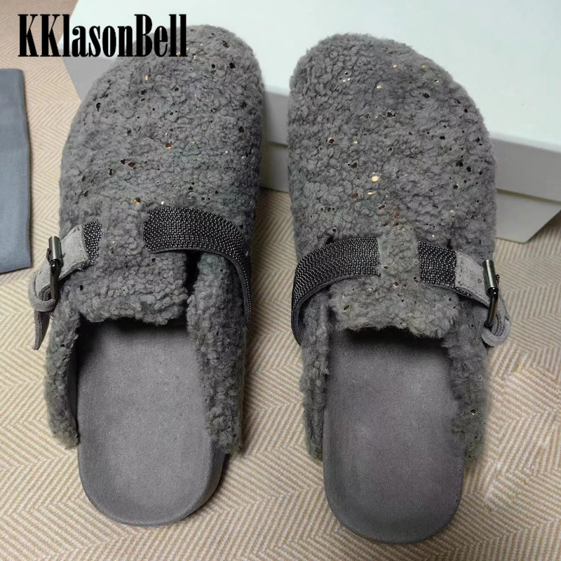 

11.26 KKlasonBell Bead Chains Buckle Strap Wool Mules Shoes Cow Suede Insole Slippers Women