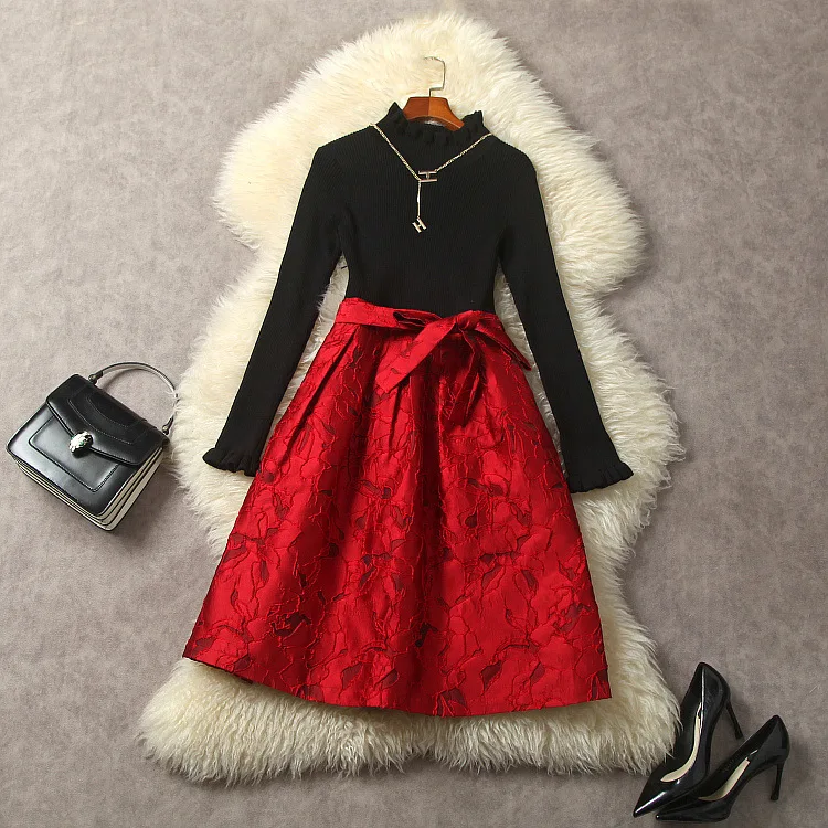 

Europe and the United States women's 2024 winter new Stand collar Long sleeve knitted stitching jacquard Red fashion dress