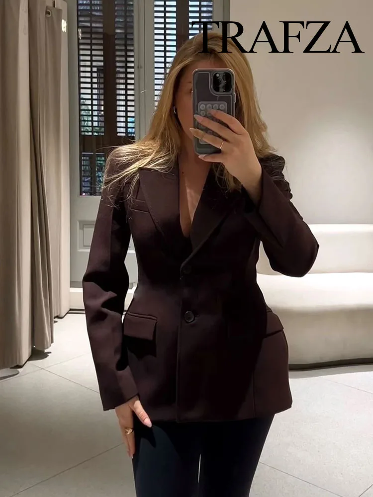 TRAFZA Women Fashion Suits Brown Turn-Down Collar Long Sleeves Single Breasted Blazer+High Waist Zipper Skirt Female Spring Sets 4
