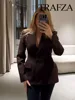 TRAFZA Women Fashion Suits Brown Turn-Down Collar Long Sleeves Single Breasted Blazer+High Waist Zipper Skirt Female Spring Sets 4