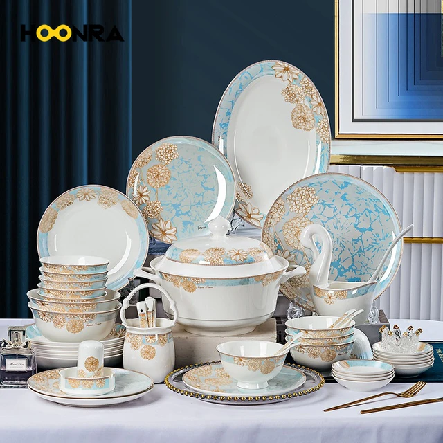 56pcs Gold Inlay Porcelain China Dinnerware Set European Tableware