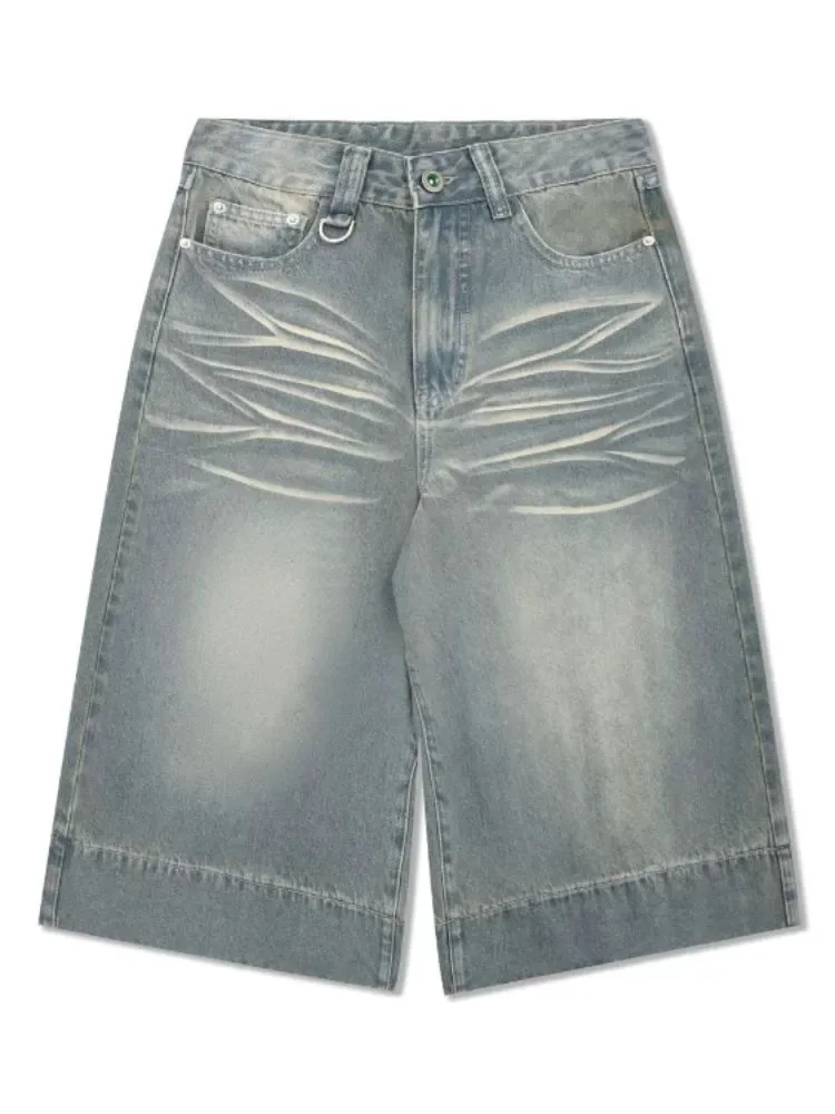 ADAgirl Vintage Wide Leg Denim Shorts Women Harajuku Fashion Oversize Low Waist Do Old Summer Pants Y2k Causal Knee Length Jeans