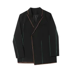 2024 Chic Casual Blazer Men Oversized Suit Jacket Coat Black White Colored Lines Korean Style Streetwear Clothing Hip Hop Man