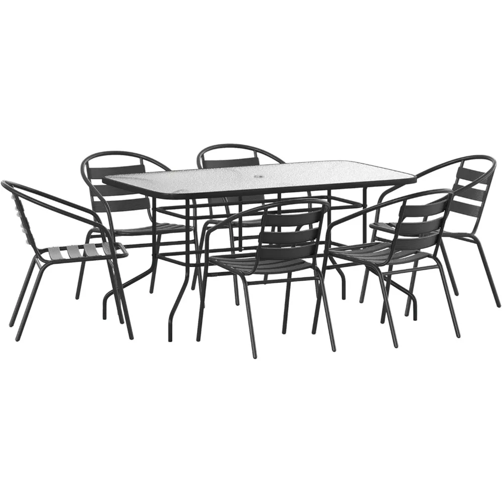 

Flash Furniture Lila 7 Piece Patio Dining Set - 55" Tempered Glass Patio Table with Umbrella Hole, 6 Black Metal Alat Stack Chai