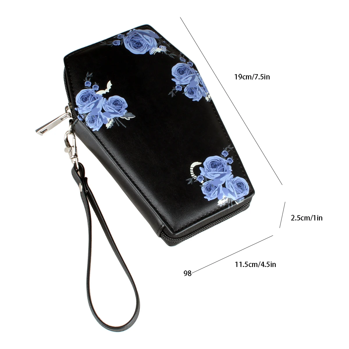 Halloween Gift, High Quality Coffin Shaped Zipper Wallet, Bat Spider Snake Rose Printed Personalized Card Clip Wallet