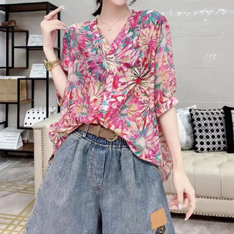 Summer Stylish Cotton Linen V-neck Diamonds Loose Short Sleeve Casual Shirt Blouse Vintage Printing Popularity Women Clothing