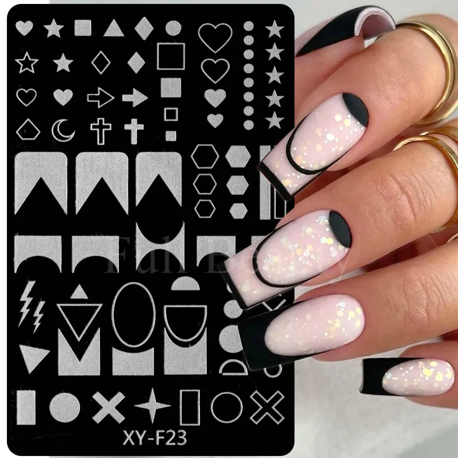 French Nail Stamping Plate Geometric Line Star Heart Flowers Nail Art Stamper Templates Image Printing Stamps Stencil Manicure