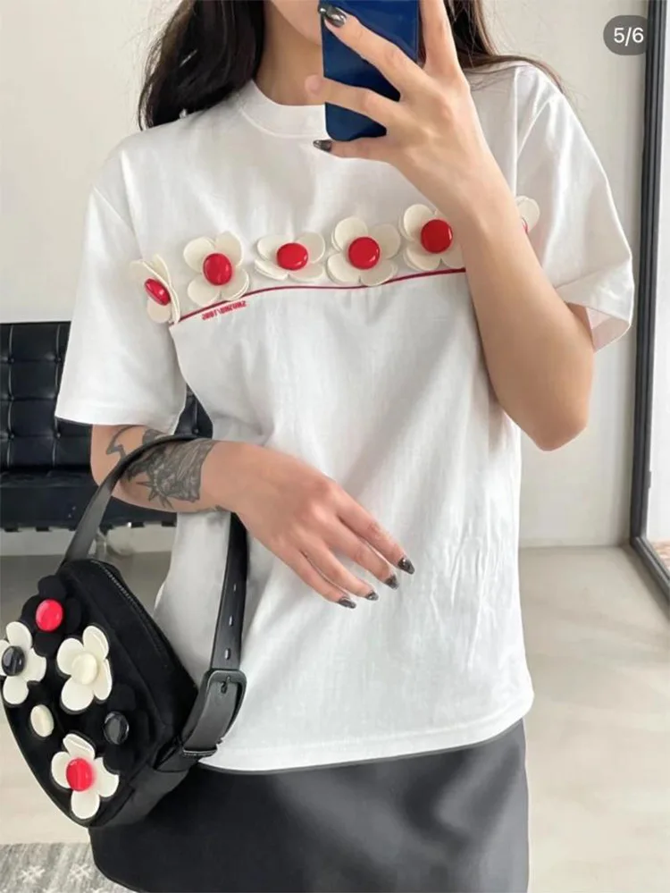 

2023 New White 3d Flower Loose Round Neck Short Sleeve Cotton T-shirt Sweet Girls Small Top