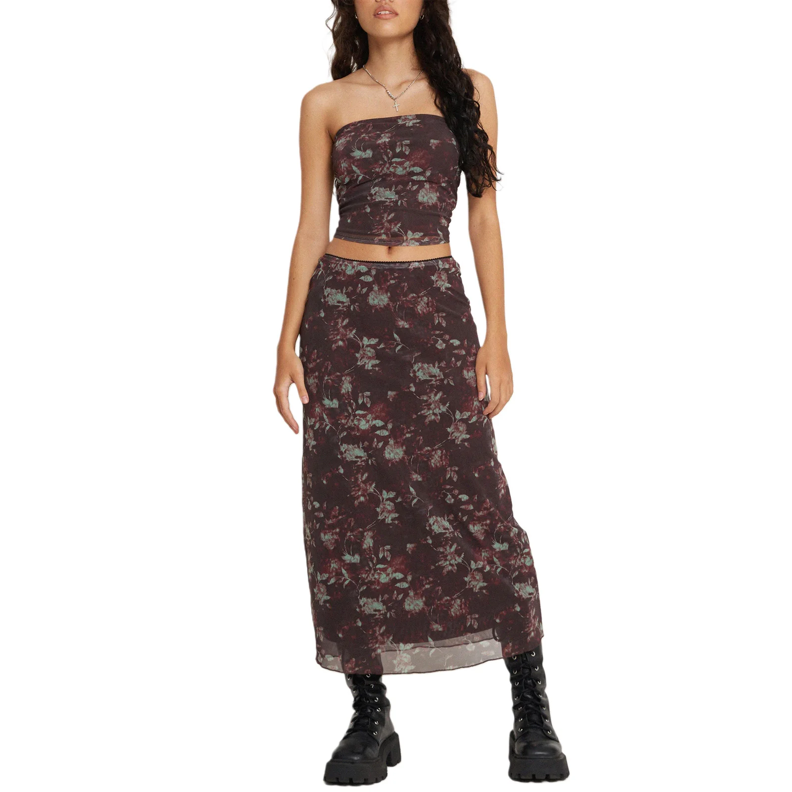 

Women Y2k Retro Skirt Set Floral Print Strapless Backless See Through Tube Top Bodycon Long Skirts 2 Piece Outfits Streetwear