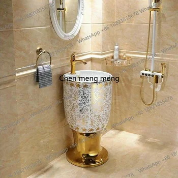 อ่างล้างหน้าแบบตั้งพื้นพร้อมขาตั้ง รุ่นใหม่ล่าสุด อ่างล้างหน้าทรงกลมสีทอง วัสดุเซรามิก 1