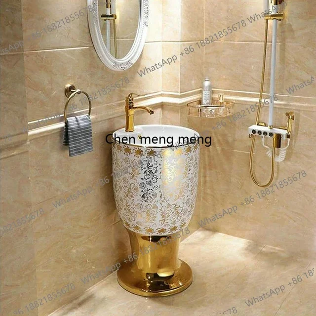 อ่างล้างหน้าแบบตั้งพื้นพร้อมขาตั้ง รุ่นใหม่ล่าสุด อ่างล้างหน้าทรงกลมสีทอง วัสดุเซรามิก 1