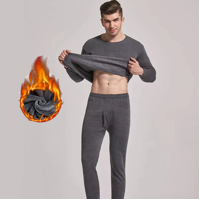 Men's Autumn and Winter Velvet Pajama Set Thermal Underwear Round Neck Fleece, man pajamas set