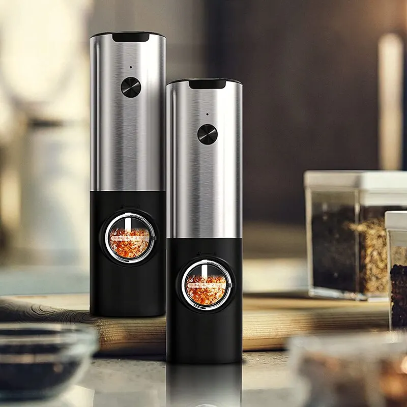 Electric Salt and Pepper Grinder Set USB Rechargeable - USB Type-C Cable,  LED Lights, Automatic Electric Pepper Salt Grinder Mill Refillable,  Adjustable Coarseness Shakers, One Hand Operation 