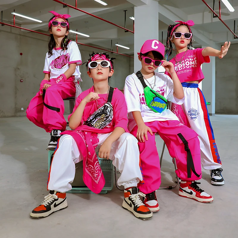 

Modern Jazz Dance Clothes for Kids White Rose Red Short Sleeve Tops Loose Pants Hip Hop Kids Street Dance Practice Show Costume